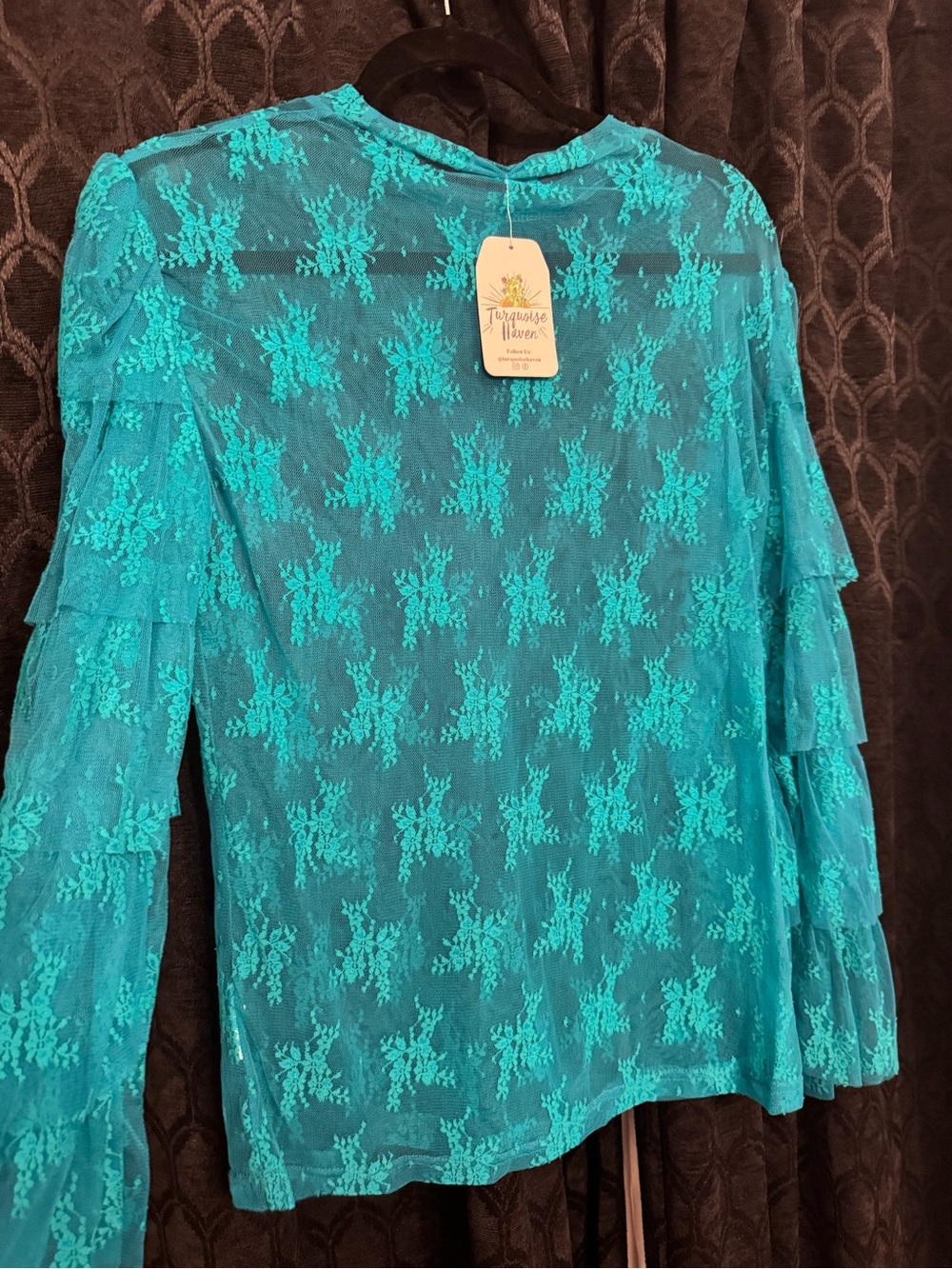 Turquoise Lace Tiered-Sleeve Blouse - Turquoise